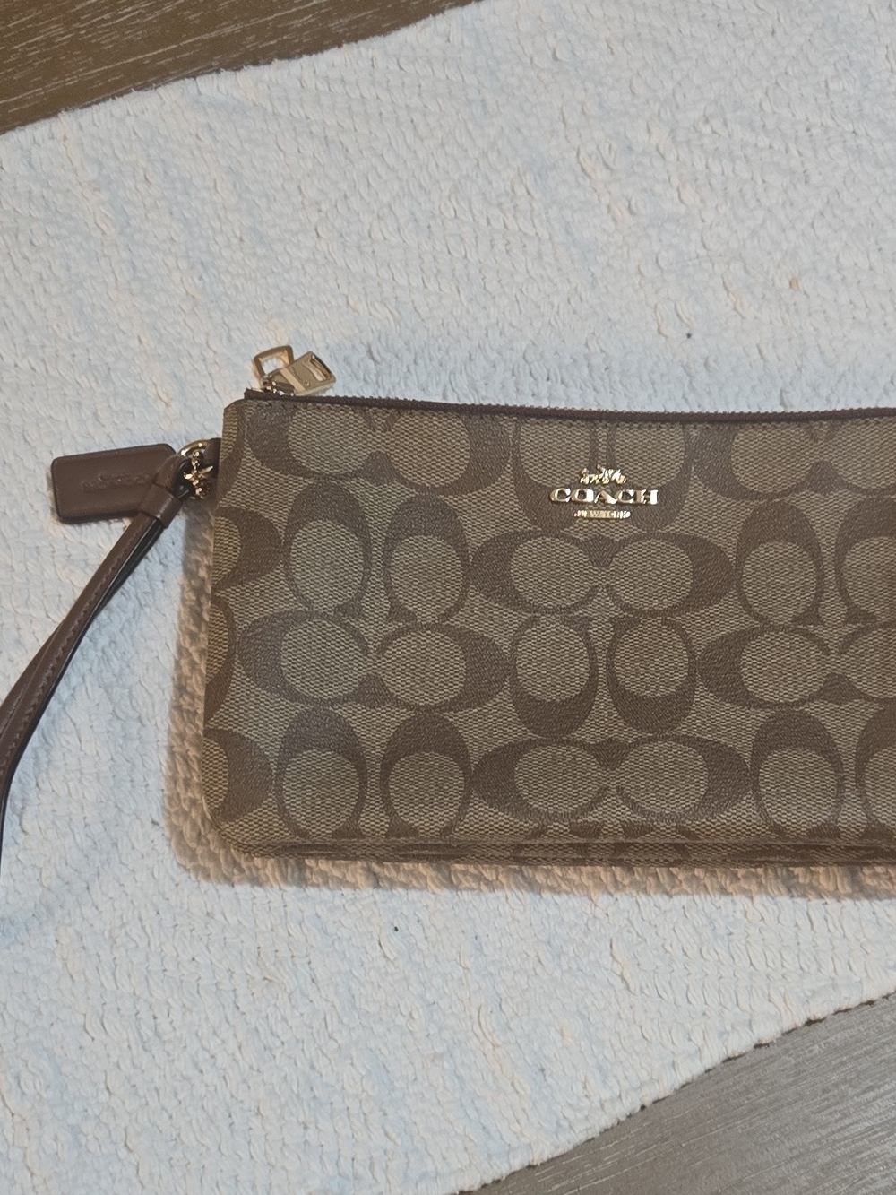 Coach Brown Signature Canvas Wristlet with Dark Brown Trim